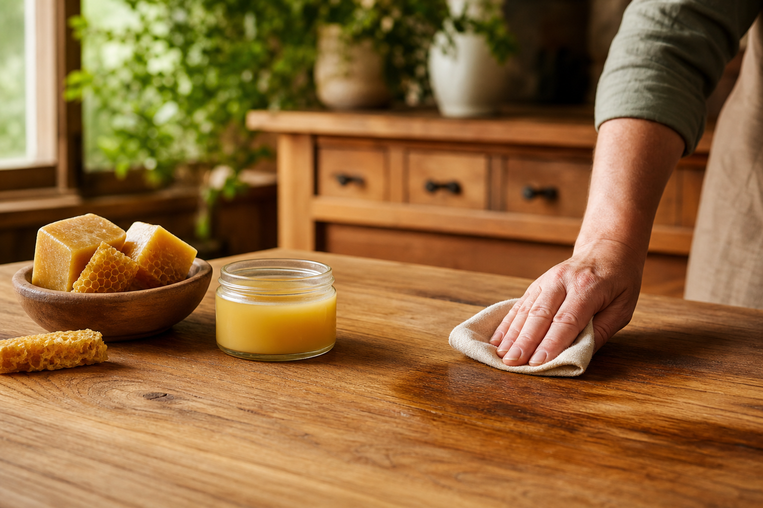 Een hand die bijenwas voor meubels aanbrengt op een houten tafeloppervlak voor een natuurlijke glans