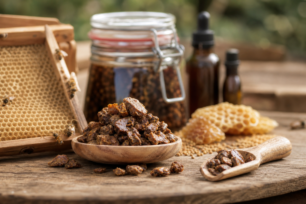 Een potje met rauwe propolis naast een houten bijenraat uit de imkerij van Hethoningatelier